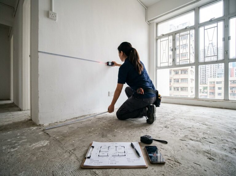 裝修顧問上門用激光尺度尺，地上有平面圖